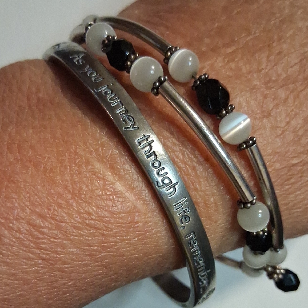 Inspirational Silver Pewter Bangle Bracelet & Black, White, Silver Wrap Bracelet